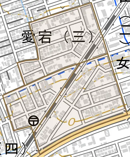 愛宕とその周辺の地図。町の範囲を重ねている
