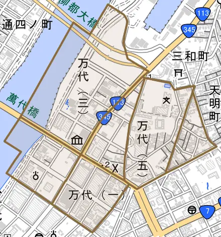万代とその周辺の地図。町の範囲を重ねている