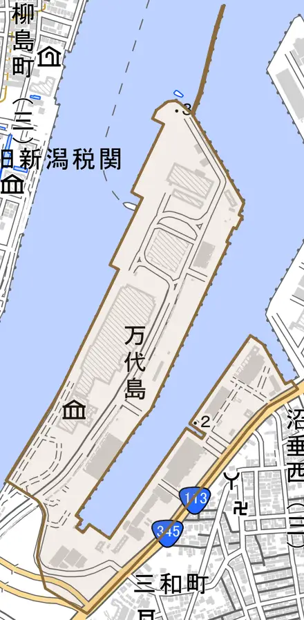 万代島とその周辺の地図。町の範囲を重ねている