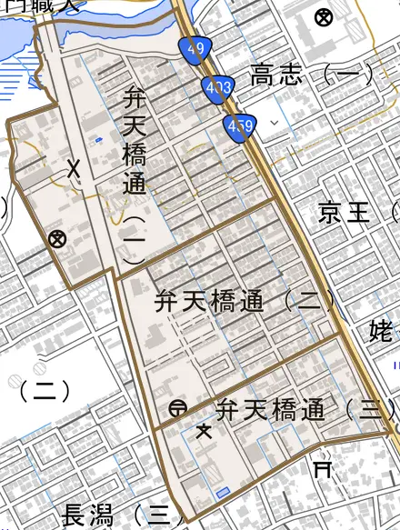 弁天橋通とその周辺の地図。町の範囲を重ねている