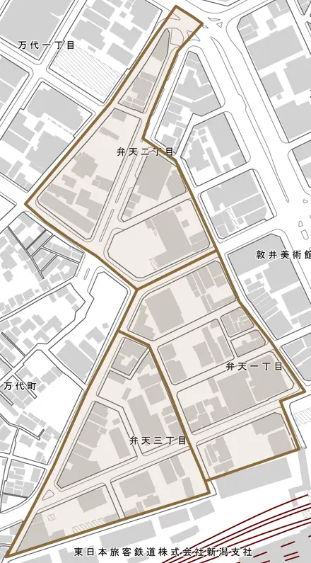 弁天とその周辺の地図。町の範囲を重ねている