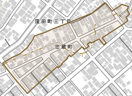 忠蔵町とその周辺の地図。町の範囲を重ねている