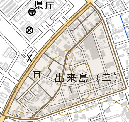 出来島とその周辺の地図。町の範囲を重ねている