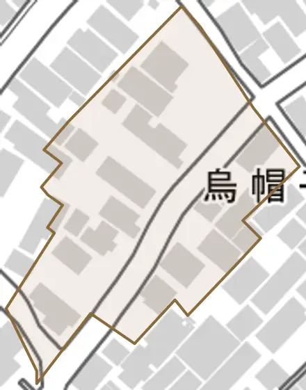 烏帽子町とその周辺の地図。町の範囲を重ねている