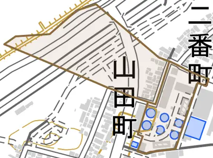 船見町とその周辺の地図。町の範囲を重ねている