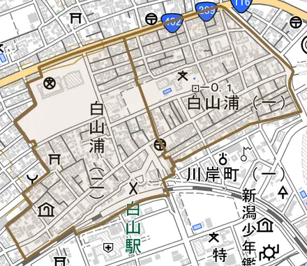 白山浦とその周辺の地図。町の範囲を重ねている