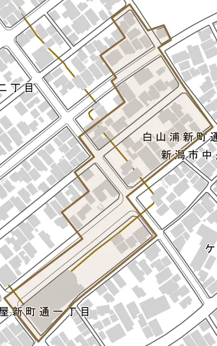 白山浦新町通とその周辺の地図。町の範囲を重ねている