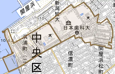 浜浦町とその周辺の地図。町の範囲を重ねている