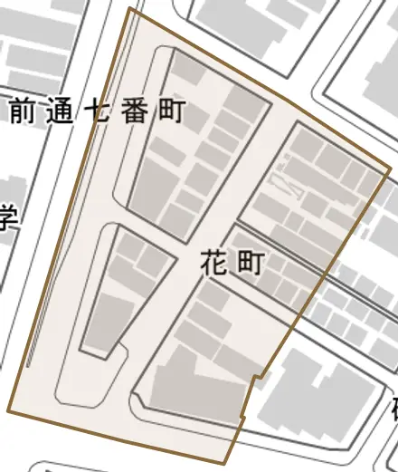 花町とその周辺の地図。町の範囲を重ねている