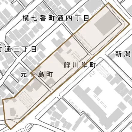 艀川岸町とその周辺の地図。町の範囲を重ねている