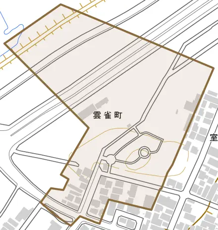 雲雀町とその周辺の地図。町の範囲を重ねている