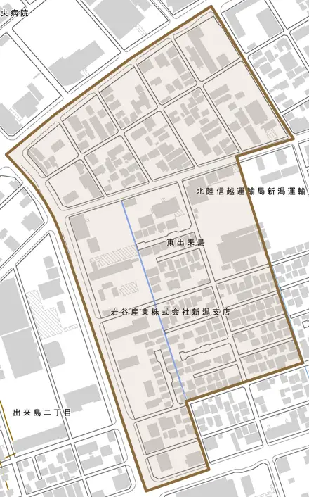 東出来島とその周辺の地図。町の範囲を重ねている