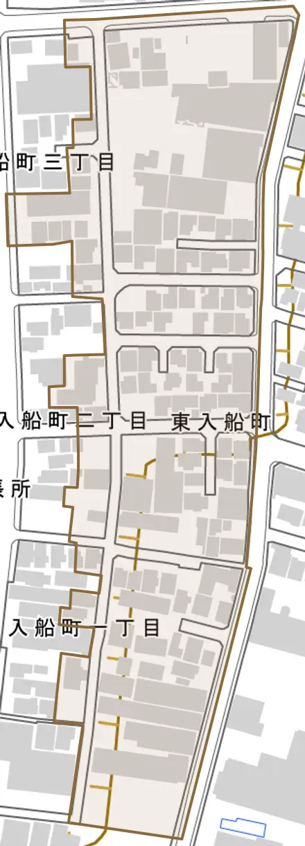 東入船町とその周辺の地図。町の範囲を重ねている