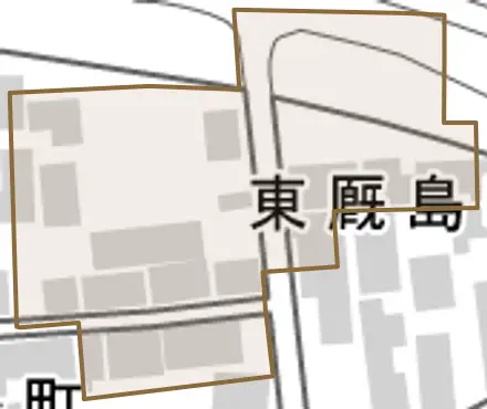 東厩島町とその周辺の地図。町の範囲を重ねている