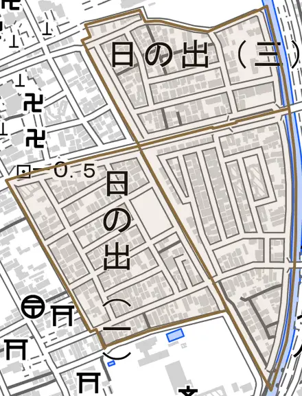 日の出とその周辺の地図。町の範囲を重ねている