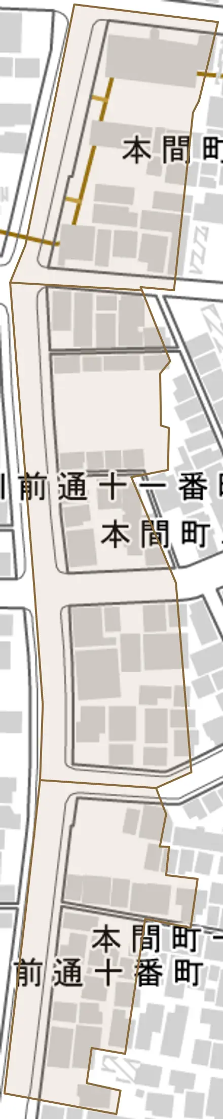 本間町とその周辺の地図。町の範囲を重ねている