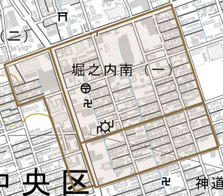 堀之内南とその周辺の地図。町の範囲を重ねている