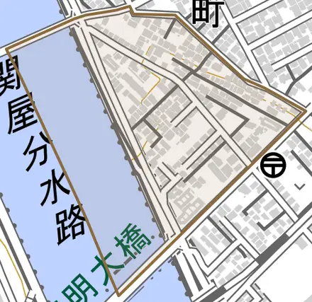 堀割町とその周辺の地図。町の範囲を重ねている