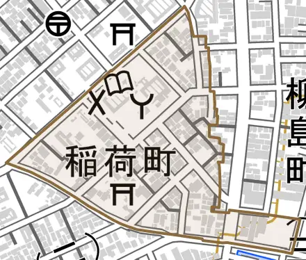 稲荷町とその周辺の地図。町の範囲を重ねている
