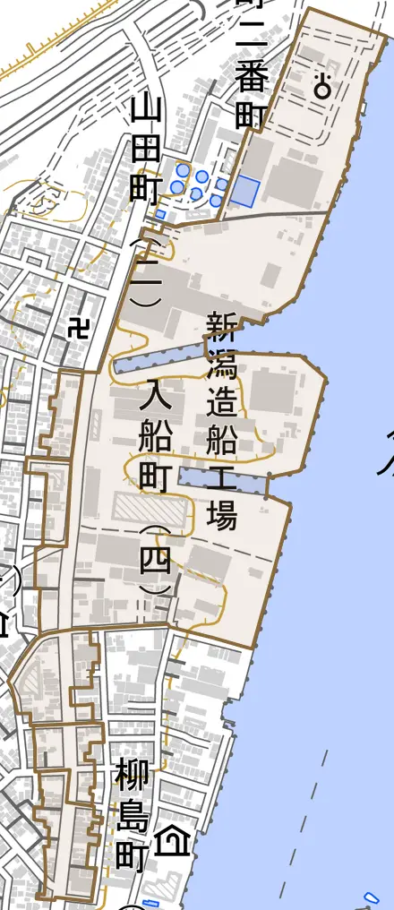入船町とその周辺の地図。町の範囲を重ねている