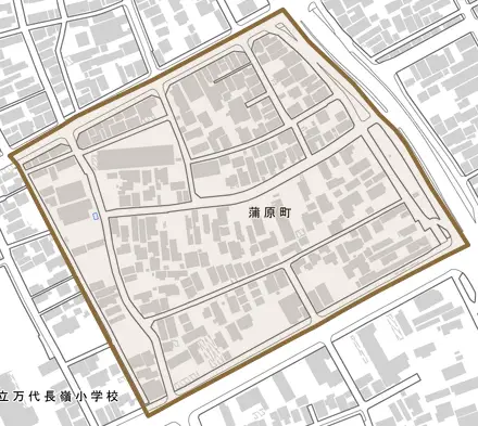 蒲原町とその周辺の地図。町の範囲を重ねている