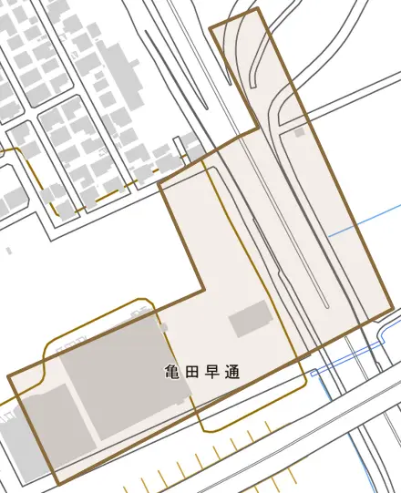 亀田早通とその周辺の地図。町の範囲を重ねている