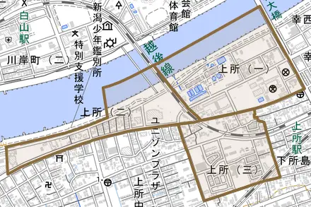 上所とその周辺の地図。町の範囲を重ねている