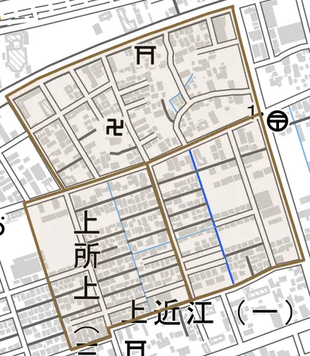 上所上とその周辺の地図。町の範囲を重ねている