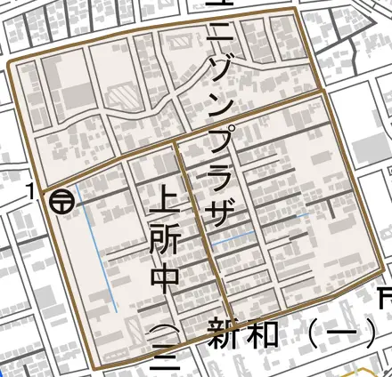 上所中とその周辺の地図。町の範囲を重ねている