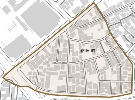 春日町とその周辺の地図。町の範囲を重ねている