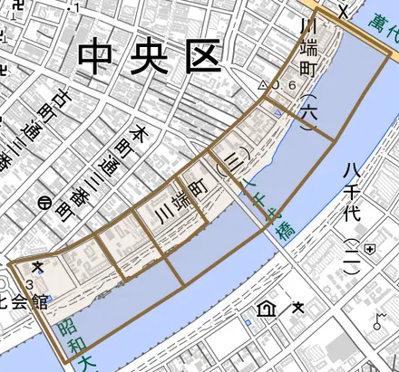 川端町とその周辺の地図。町の範囲を重ねている