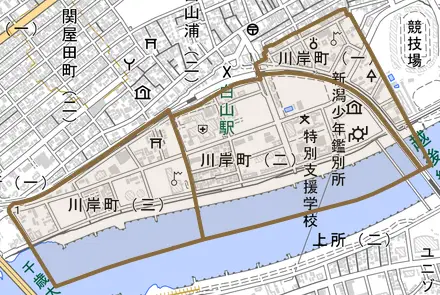 川岸町とその周辺の地図。町の範囲を重ねている