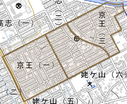 京王とその周辺の地図。町の範囲を重ねている