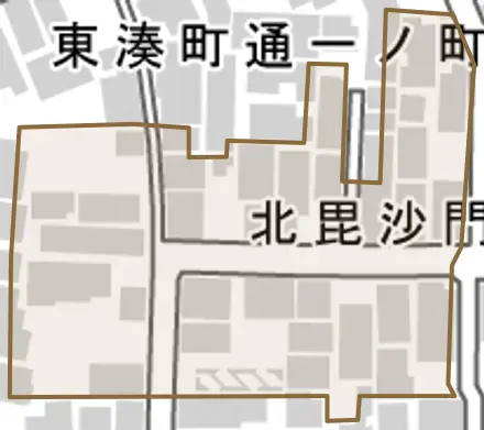 北毘沙門町とその周辺の地図。町の範囲を重ねている