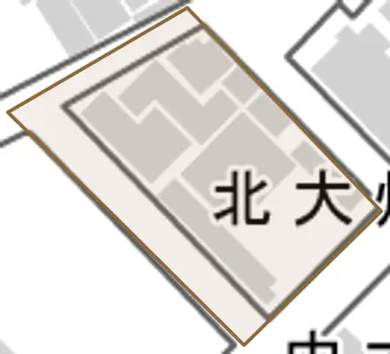 北大畑町とその周辺の地図。町の範囲を重ねている