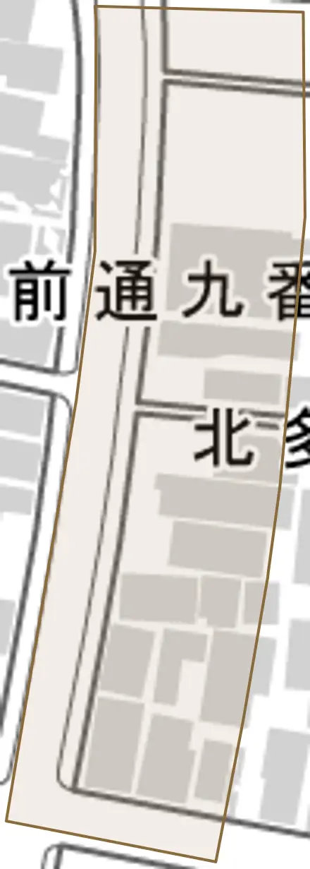 北多門町とその周辺の地図。町の範囲を重ねている
