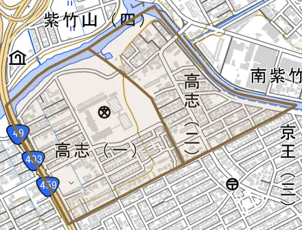 高志とその周辺の地図。町の範囲を重ねている