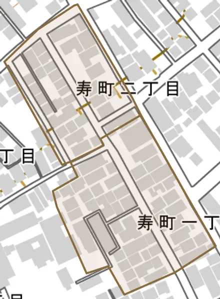 寿町とその周辺の地図。町の範囲を重ねている