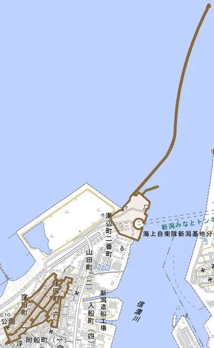 窪田町とその周辺の地図。町の範囲を重ねている