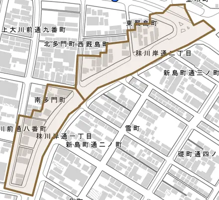 秣川岸通とその周辺の地図。町の範囲を重ねている