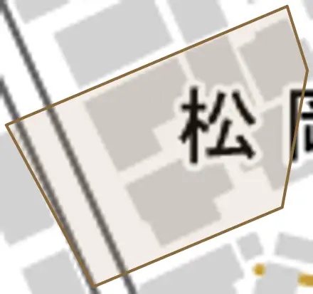 松岡町とその周辺の地図。町の範囲を重ねている