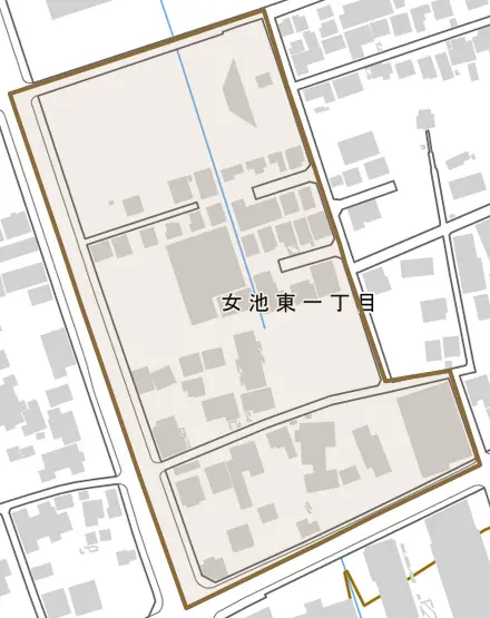 女池東とその周辺の地図。町の範囲を重ねている
