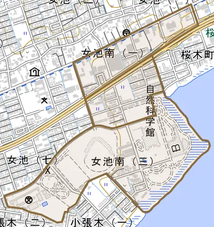 女池南とその周辺の地図。町の範囲を重ねている