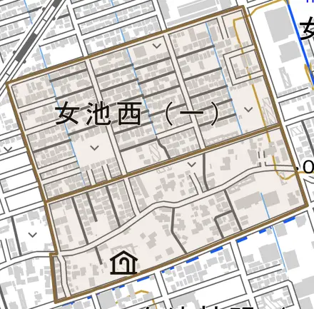 女池西とその周辺の地図。町の範囲を重ねている
