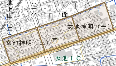 女池神明とその周辺の地図。町の範囲を重ねている