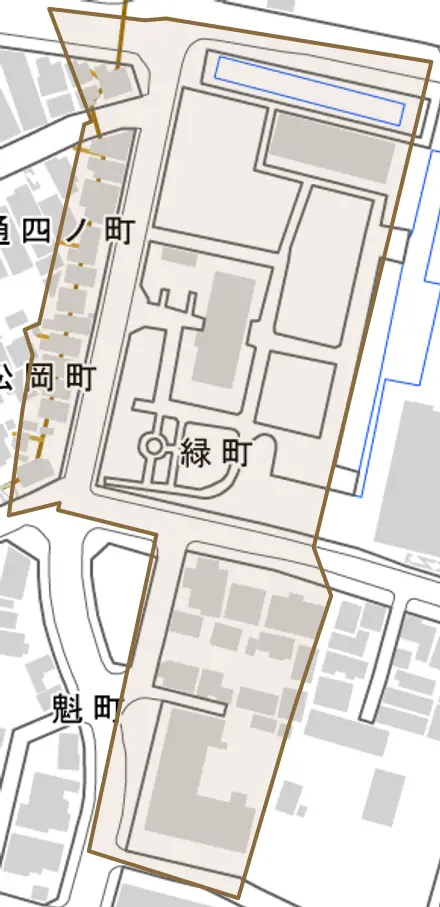 緑町とその周辺の地図。町の範囲を重ねている