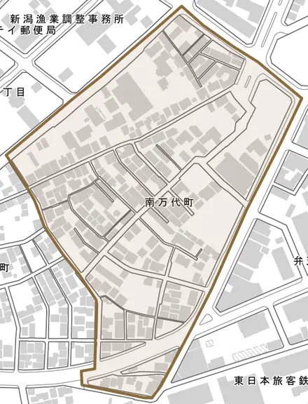 南万代町とその周辺の地図。町の範囲を重ねている