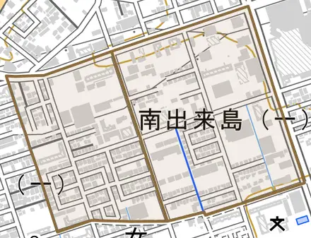 南出来島とその周辺の地図。町の範囲を重ねている