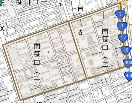 南笹口とその周辺の地図。町の範囲を重ねている