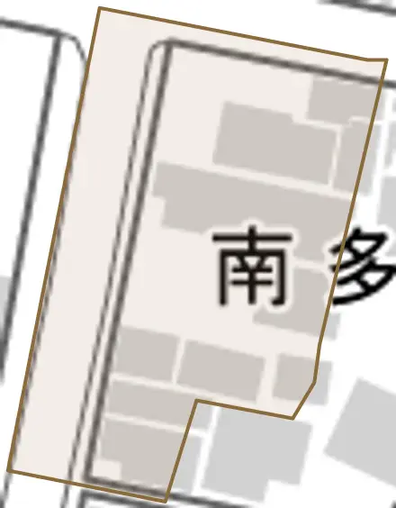 南多門町とその周辺の地図。町の範囲を重ねている